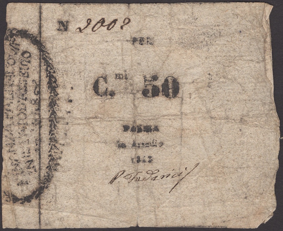 Siege of Palmanova, 50 Centesimi, 1848, serial number 2002, one manuscript signature, fine,...