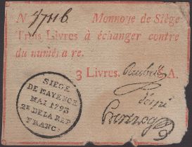 Siege of Mayence, 3 Livres, second issue, May 1793, serial number 87116, three printed...