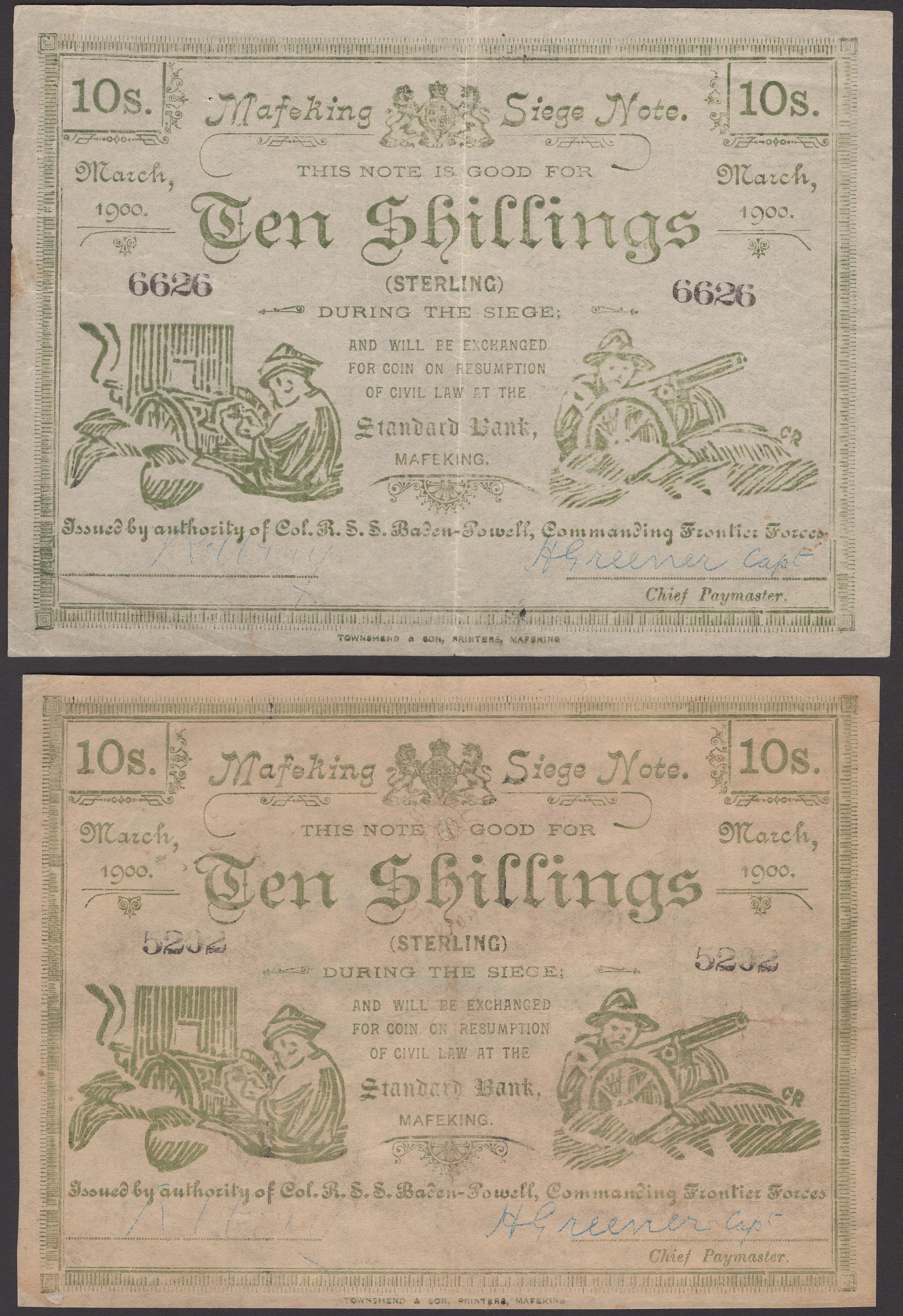 Siege of Mafeking, 10 Shillings (2), March 1900, serial numbers 6626 and 5202, 'Commanding'...