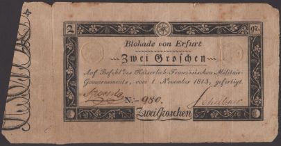 Siege of Erfurt, 2 Groschen, 1 November 1813, serial number 980, with two impressed stamps,...