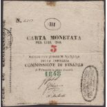 Siege of Palmanova, 3 Lire, printed value, 1848, serial number 4527, four manuscript...