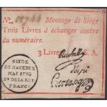 Siege of Mayence, 3 Livres, second issue, May 1793, serial number 22744, three printed...