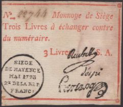 Siege of Mayence, 3 Livres, second issue, May 1793, serial number 22744, three printed...