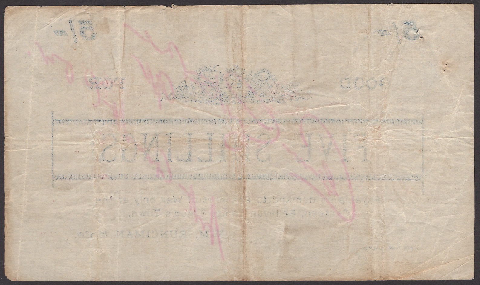 Bellevue POW Camp, Simon's Town, good for 5 Shillings, ND (1901), blue print, cancelled... - Bild 2 aus 2