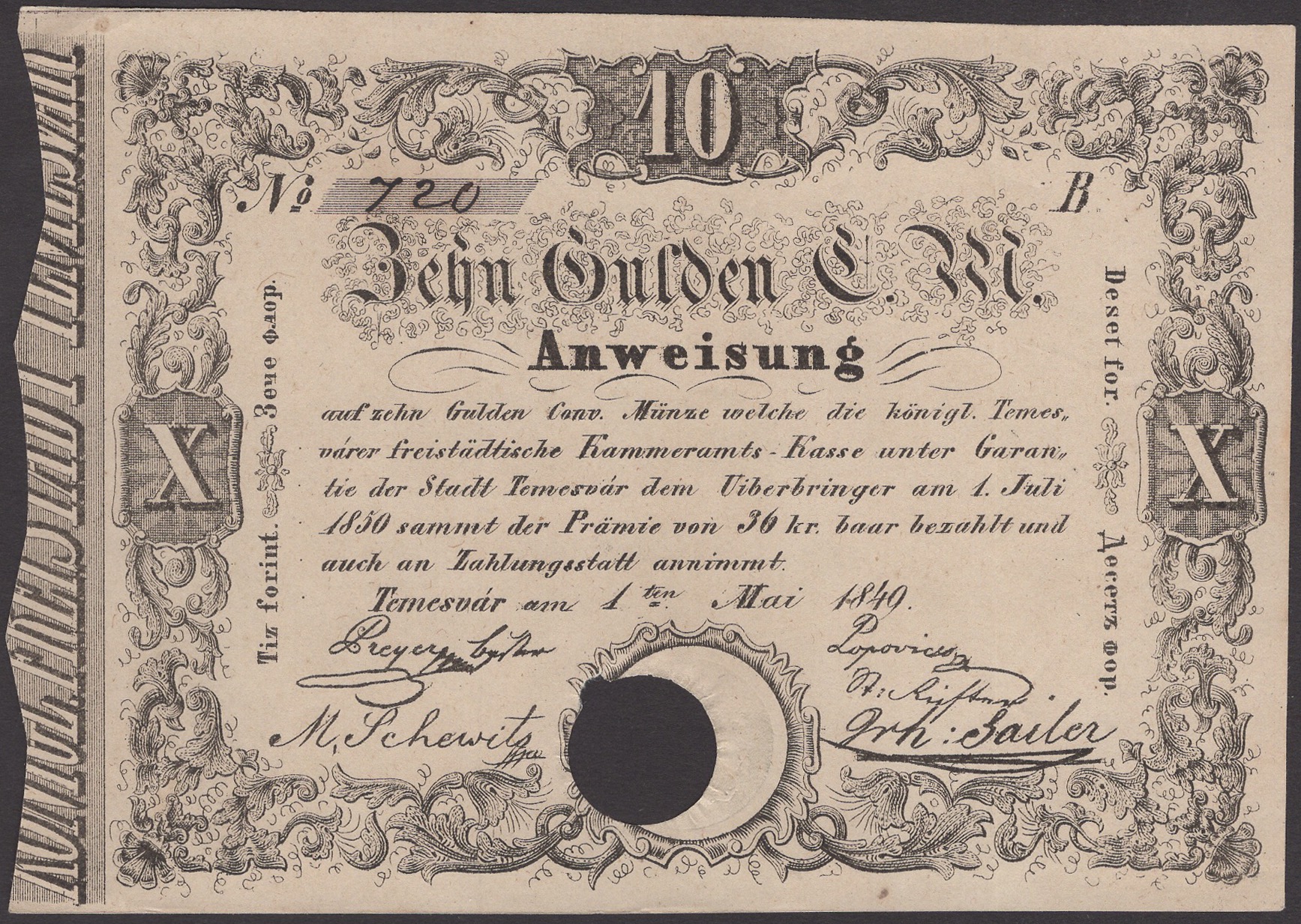 Siege of Temesvar, cancelled 10 Gulden C.M., 1 May 1849, serial number B720, one...