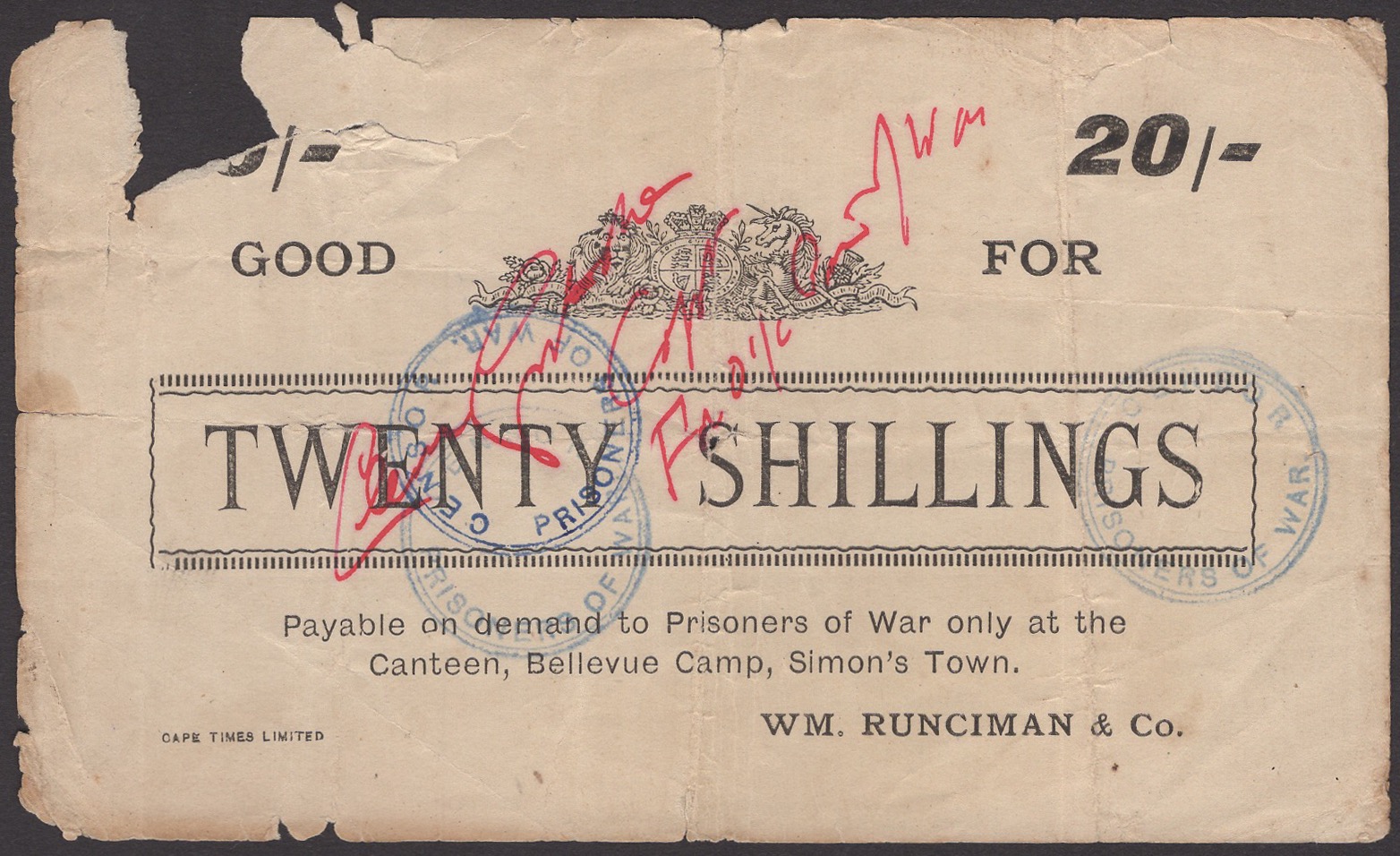 Bellevue POW Camp, Simon's Town, good for 20 Shillings, ND (1901), brown print, cancelled...