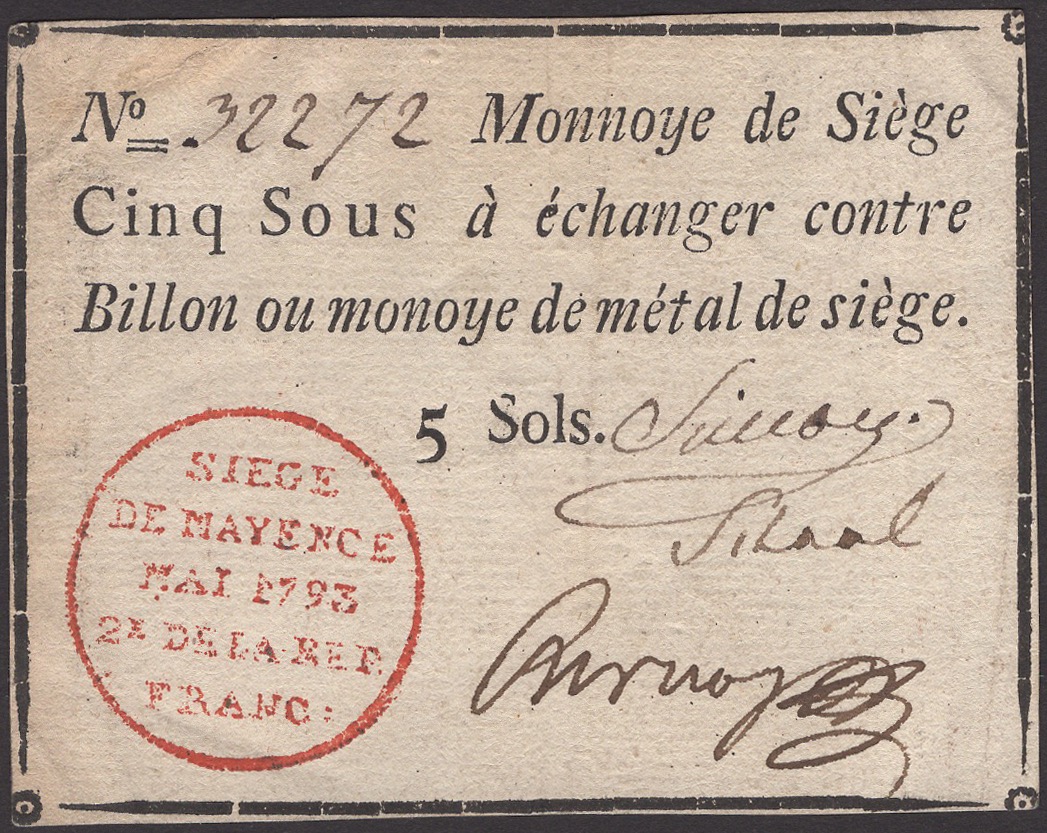 Siege of Mayence, 5 Sous, second issue, May 1793, serial number 32272, three manuscript...