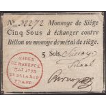 Siege of Mayence, 5 Sous, second issue, May 1793, serial number 32272, three manuscript...