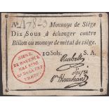 Siege of Mayence, 10 Sous, second issue, May 1793, serial number 47829, three printed...