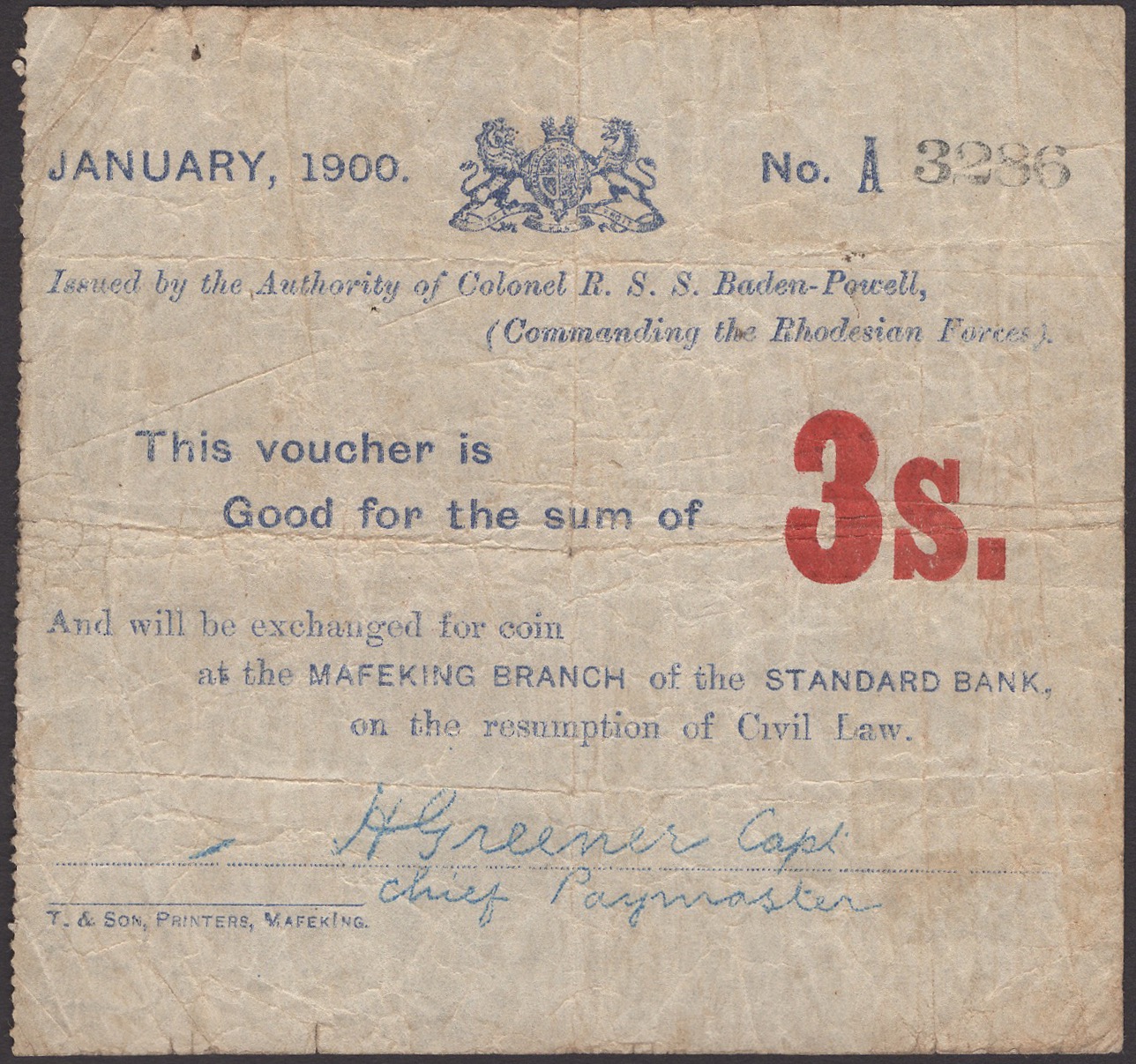 Siege of Mafeking, 3 Shillings, January 1900, serial number A3286, no dot over first i in...