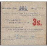 Siege of Mafeking, 3 Shillings, January 1900, serial number A3286, no dot over first i in...