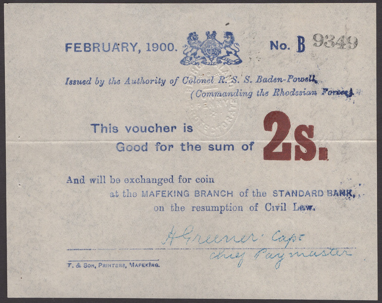 Siege of Mafeking, 2 Shillings, February 1900, serial number B9342, no dot over first i in...