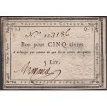 Siege of Lyon, 5 Livres, ND (1793), serial number 103186, manuscript signature at left, a...