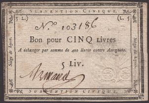 Siege of Lyon, 5 Livres, ND (1793), serial number 103186, manuscript signature at left, a...