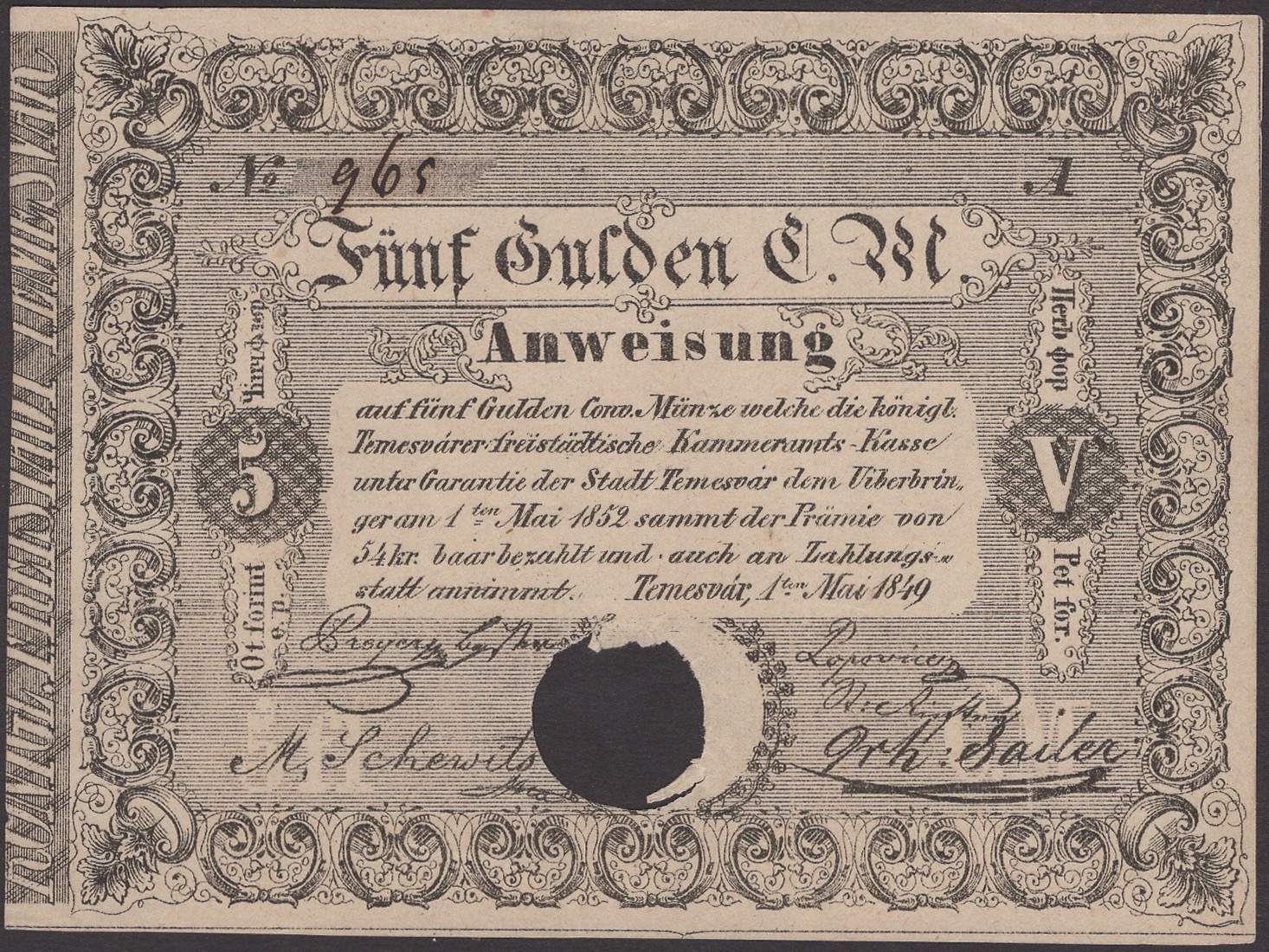 Siege of Temesvar, cancelled 5 Gulden C.M., 1 May 1849, serial number A965, one...