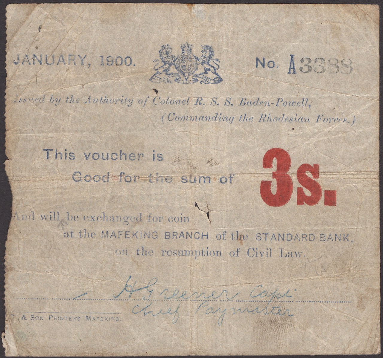 Siege of Mafeking, 3 Shillings, January 1900, serial number A3388, Civil with both dots...