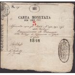 Siege of Palmanova, 3 Lire, hand-written value, 1848, serial number 19, four manuscript...