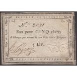 Siege of Lyon, 5 Livres, ND (1793), serial number 8071, manuscript signature at left,...