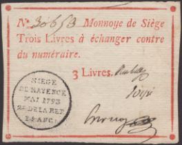 Siege of Mayence, 3 Livres, second issue, May 1793, serial number 30653, three manuscript...