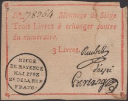 Siege of Mayence, 3 Livres, second issue, May 1793, serial number 78464, three manuscript...