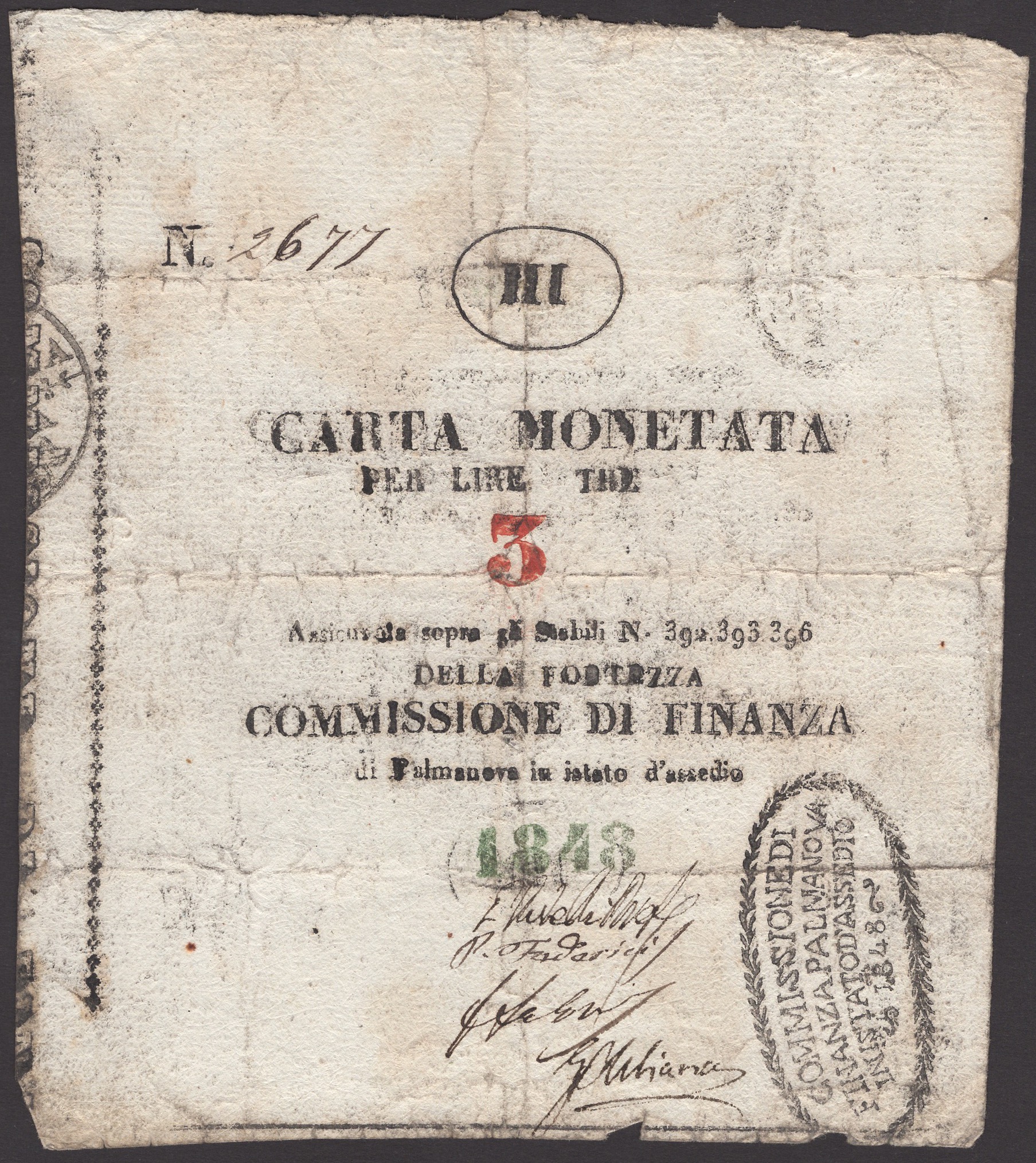 Siege of Palmanova, 3 Lire, printed value, 1848, serial number 2677, four manuscript...