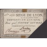 Siege of Lyon, 20 Livres, ND (1793), serial number 16563, two manuscript signatures,...