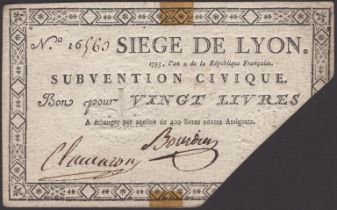 Siege of Lyon, 20 Livres, ND (1793), serial number 16563, two manuscript signatures,...