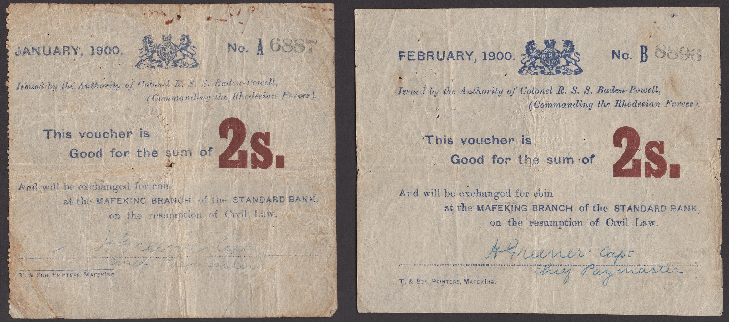 Siege of Mafeking, 2 Shillings (2), January and February 1900, serial numbers A6887 and...