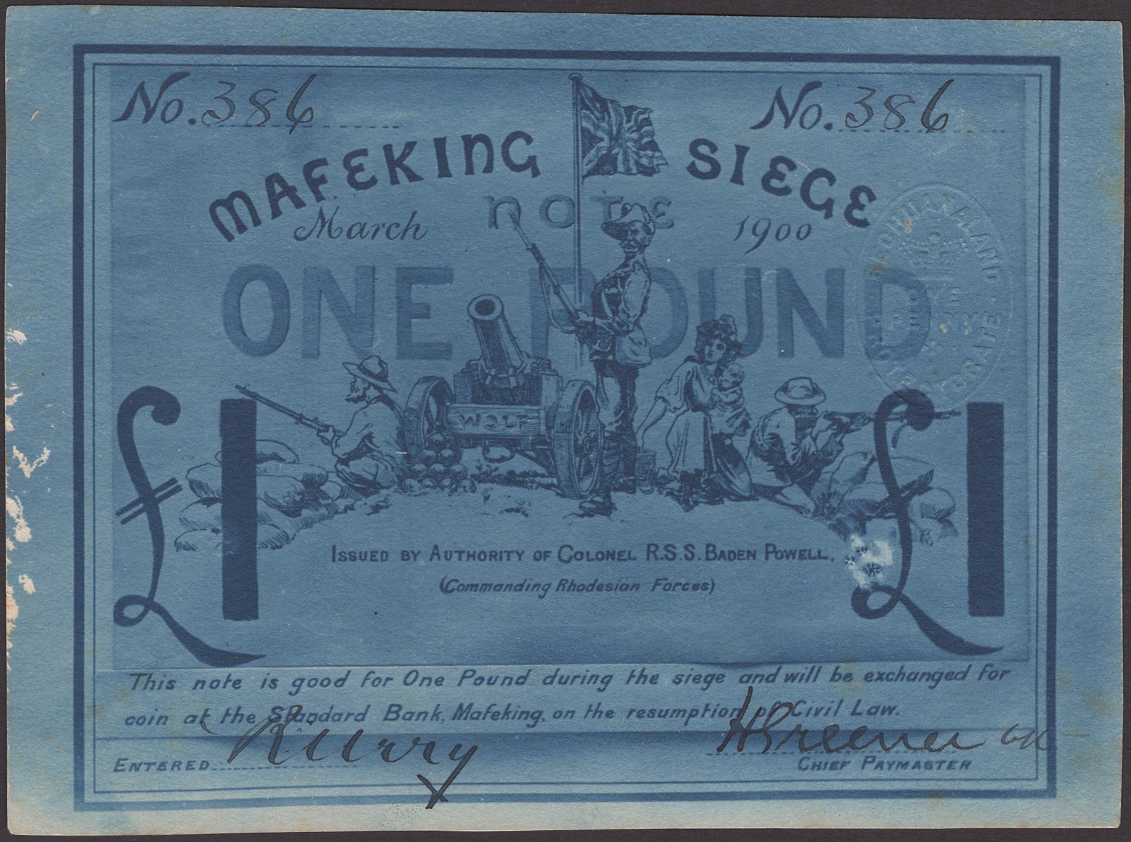 Siege of Mafeking, Â£1, March 1900, serial number 386, light mounting traces on reverse, a...