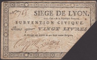 Siege of Lyon, 20 Livres, ND (1793), serial number 765, two manuscript signatures,...