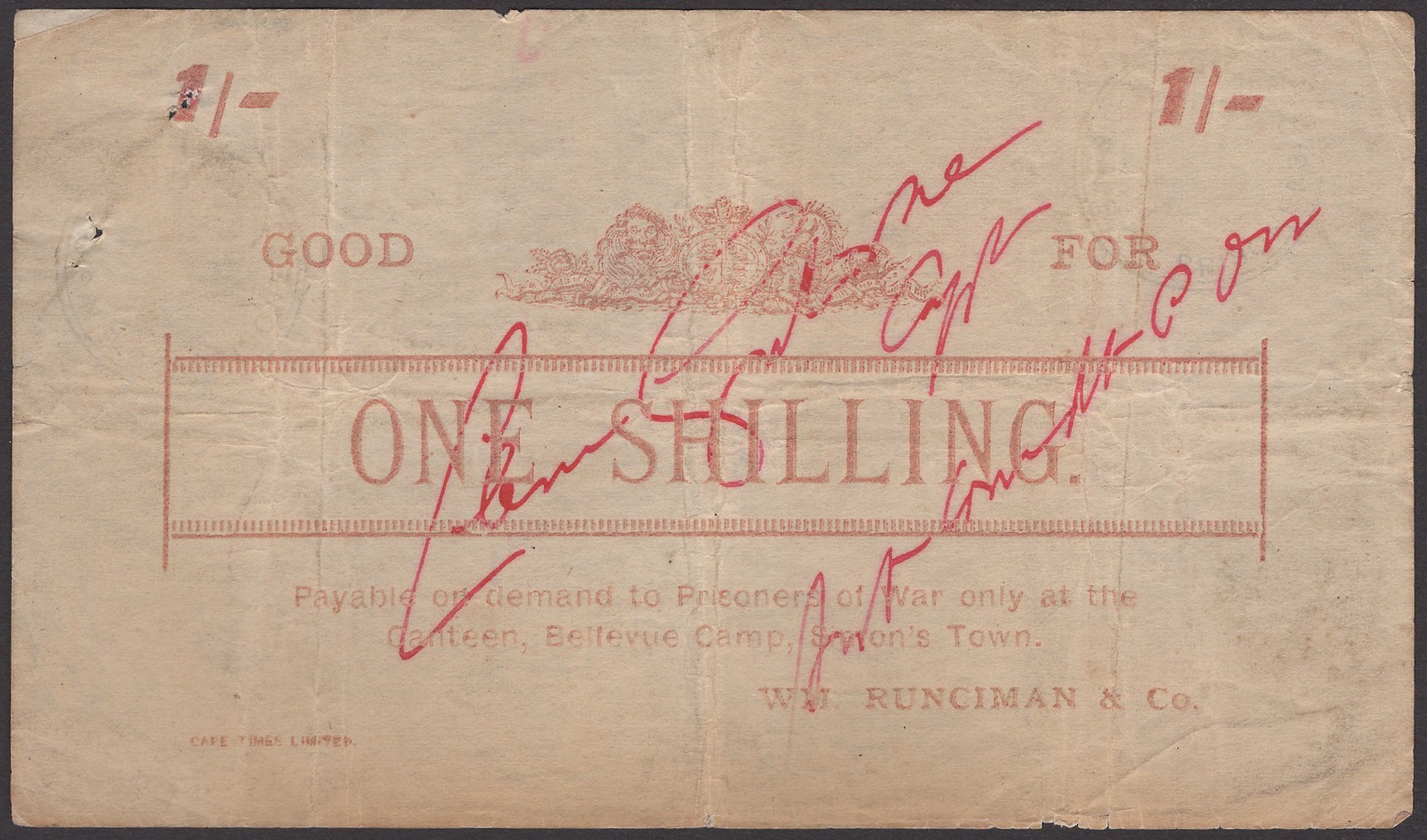 Bellevue POW Camp, Simon's Town, good for 1 Shilling, ND (1901), red/orange print,...