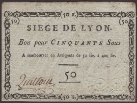 Siege of Lyon, 50 Sous, ND (1793), manuscript signature at left, mounting traces but no...