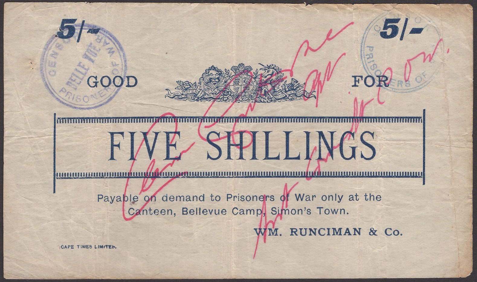 Bellevue POW Camp, Simon's Town, good for 5 Shillings, ND (1901), blue print, cancelled...