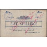Bellevue POW Camp, Simon's Town, good for 5 Shillings, ND (1901), blue print, cancelled...