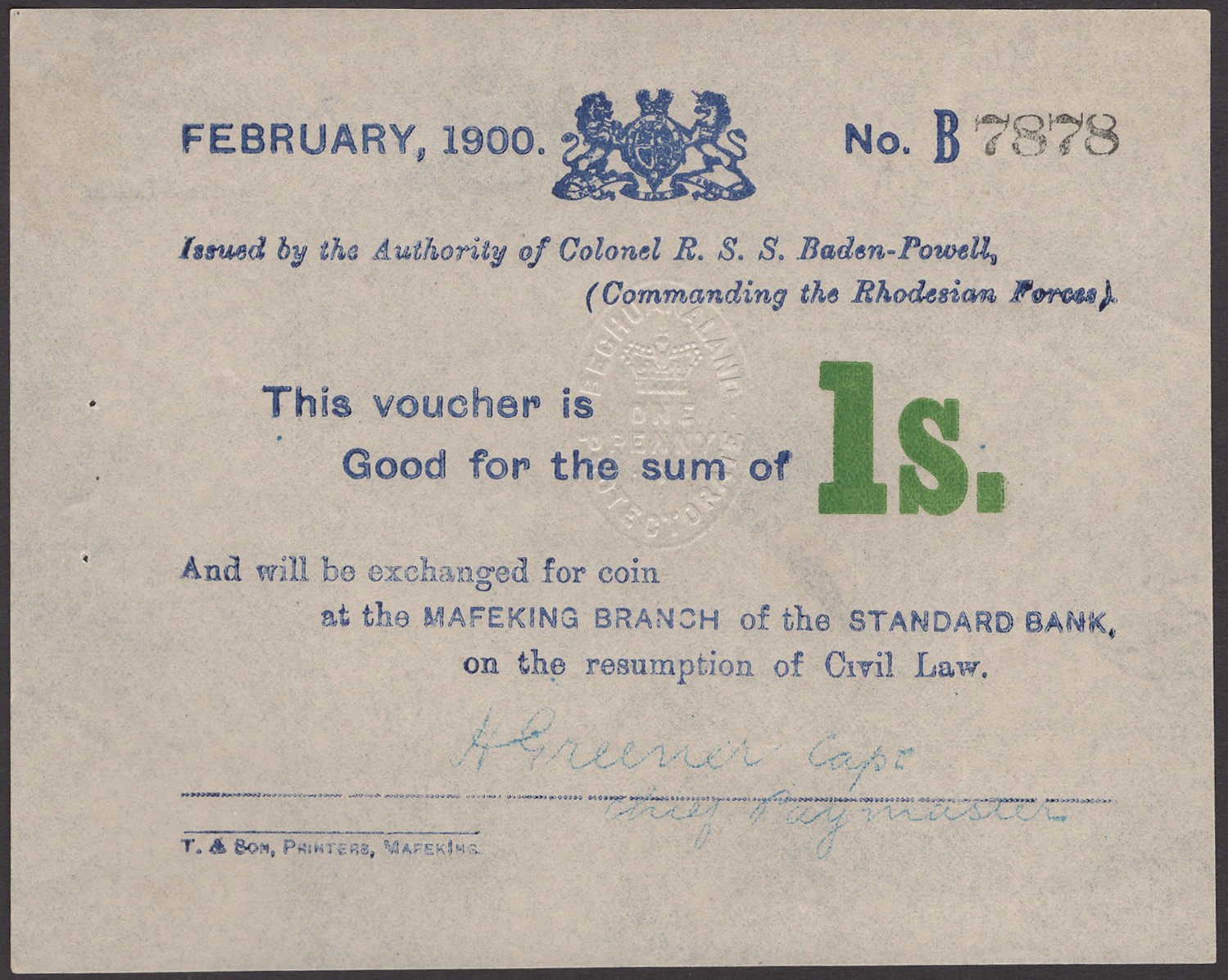 Siege of Mafeking, 1 Shilling, February 1900, serial number B7878, one dot omitted from...