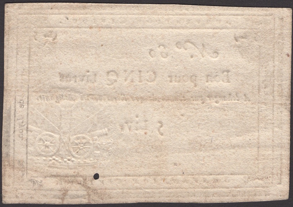 Siege of Lyon, 5 Livres, ND (1793), serial number 80539, manuscript signature at left, one... - Bild 2 aus 2