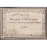 Siege of Lyon, 5 Livres, ND (1793), serial number 80539, manuscript signature at left, one...