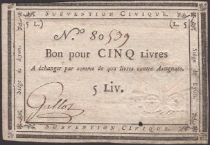 Siege of Lyon, 5 Livres, ND (1793), serial number 80539, manuscript signature at left, one...