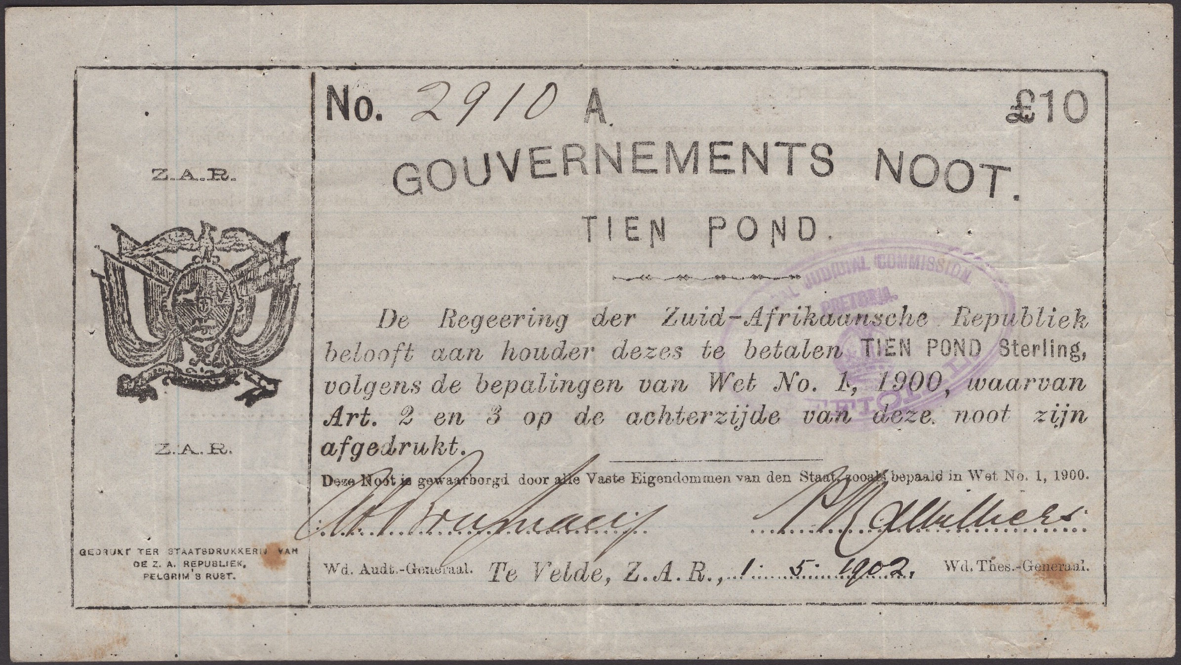 Gouvernements Noots, Â£10, Ta Velde, 1 May 1902, serial number 2910A, purple handstamp at...