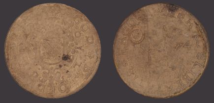 Siege of Leyden, 20 Stuiver, 1574, with clearly visible countermark, produced using prayer...