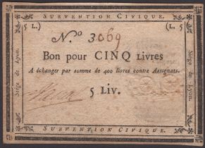 Siege of Lyon, 5 Livres, ND (1793), serial number 3069, manuscript signature at left,...