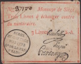 Siege of Mayence, 3 Livres, second issue, May 1793, serial number 37170, three printed...