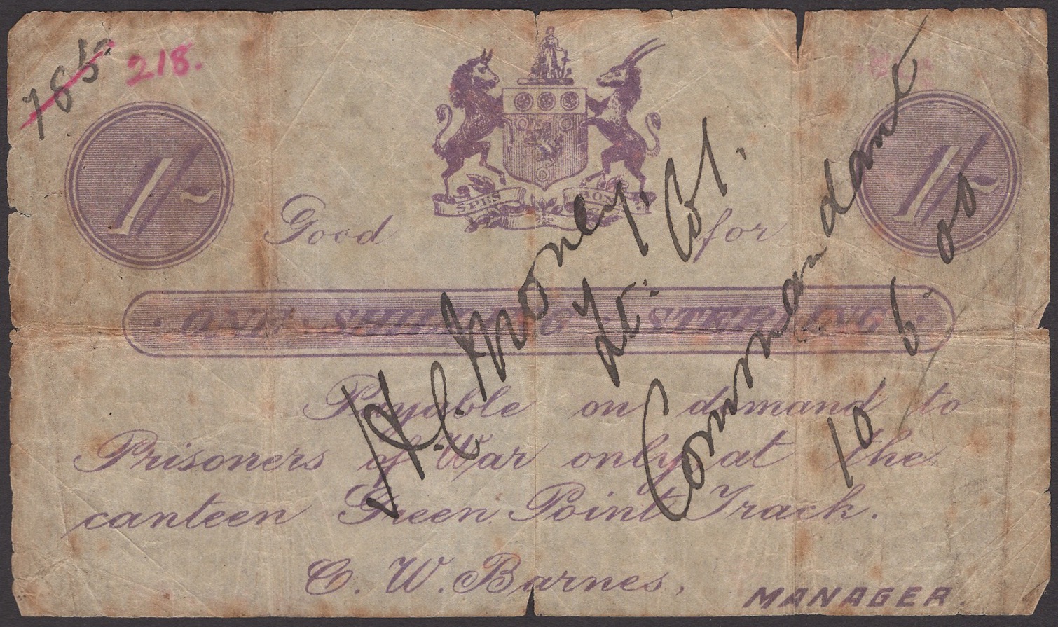 Green Point Track POW camp, issued 1 Shilling, 10 June 1900, serial number 218, with...