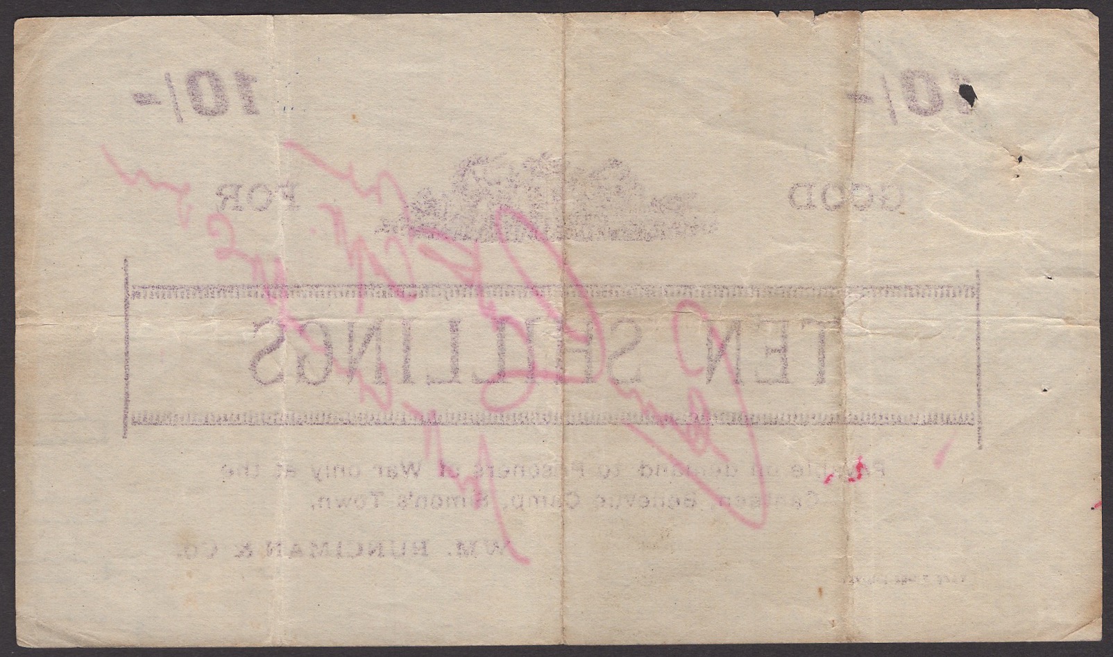 Bellevue POW Camp, Simon's Town, good for 10 Shillings, ND (1901), purple print, cancelled... - Bild 2 aus 2