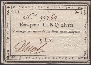 Siege of Lyon, 5 Livres, ND (1793), serial number 55268, manuscript signature at left, one...