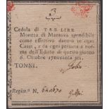 Siege of Mantova, 3 Lire, 6 October 1796, serial number 642670, two manuscript signatures,...