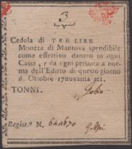 Siege of Mantova, 3 Lire, 6 October 1796, serial number 642670, two manuscript signatures,...