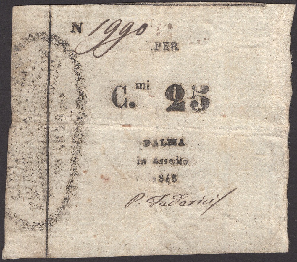 Siege of Palmanova, 25 Centesimi, 1848, serial number 1990, one manuscript signature, two...