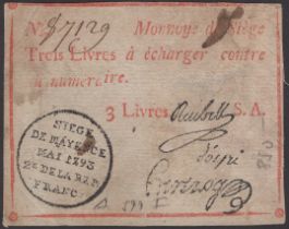 Siege of Mayence, error 3 Livres, second issue, May 1793, serial number 87129, three...