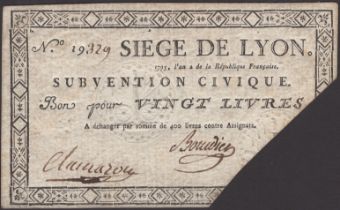 Siege of Lyon, 20 Livres, ND (1793), serial number 19329, two manuscript signatures,...